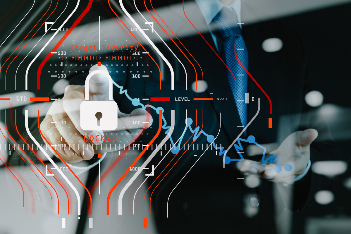 Man using digital cybersecurity diagram