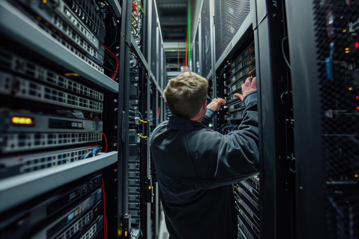 Two people in server room