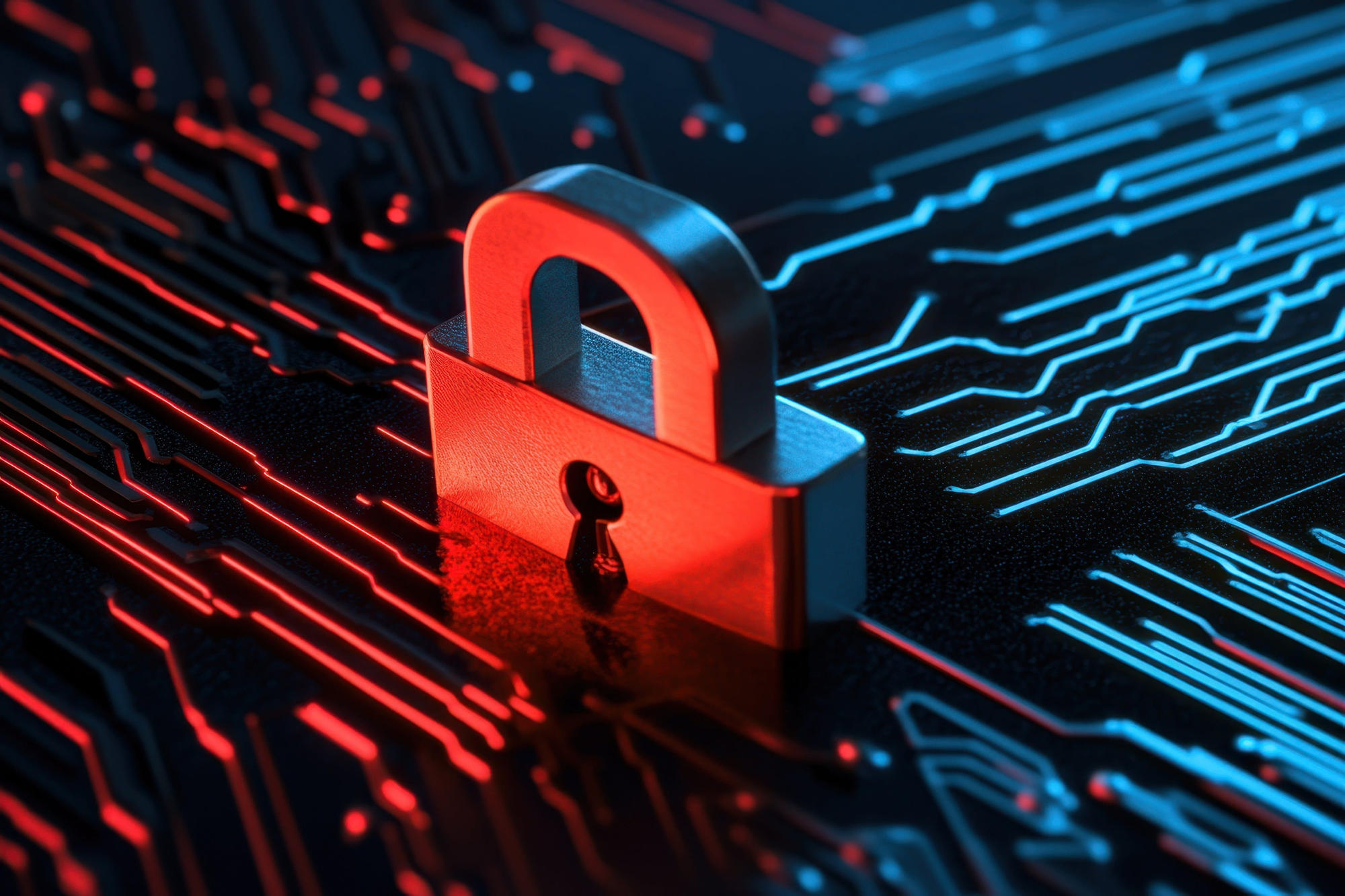 Metallic padlock on circuit board with red and blue lights