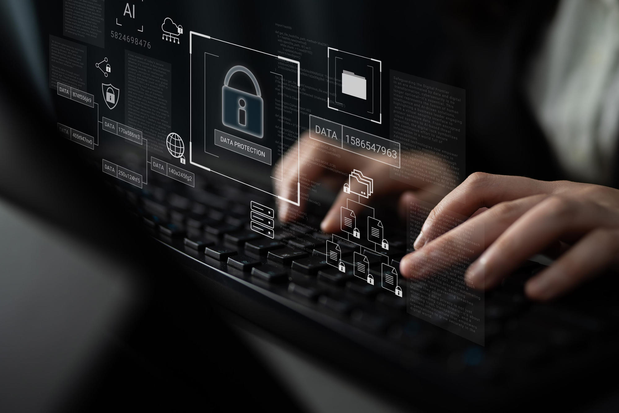 Digital padlock surrounded by data security diagrams representing encryption network protection