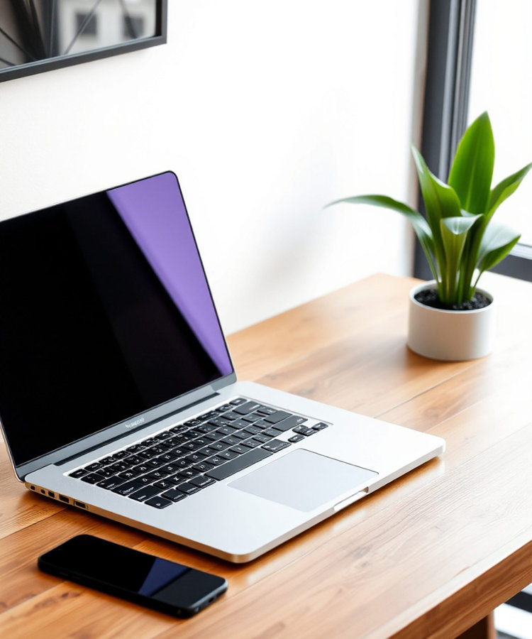 Laptop and smartphone on a wooden table in the office