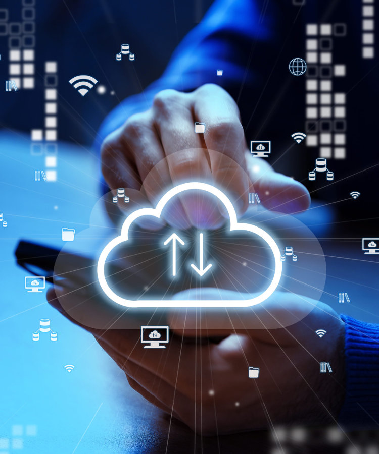 Person using smartphone to access cloud services and data management